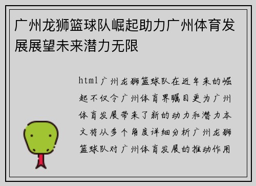 广州龙狮篮球队崛起助力广州体育发展展望未来潜力无限