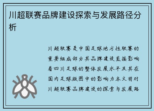 川超联赛品牌建设探索与发展路径分析 川超联赛品牌建设探索与发展路径分析